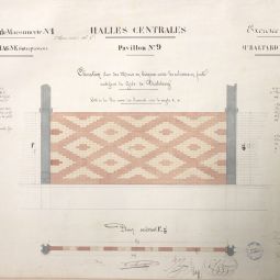 Dessin d'un lvation d'un mur en briques du pavillon n9 aux halles centrales, 1856. Archives de Paris, ATLAS 551.