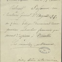 Ordre émanant de la préfecture de police d’avoir à s’informer rue d’Argoult sur deux Prussiens naturalisés français, soupçonnés d’espionner pour Versailles, 12 avril 1871. Archives de Paris, D1J 12 dossier 257.