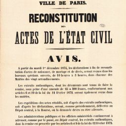  Affiche sur la reconstitution de l’tat civil, 23 novembre 1874. Archives de Paris, V4E 131.