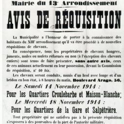 Avis de rquisition de chevaux de la mairie du 13e arrondissement, novembre 1914. ATLAS 521.